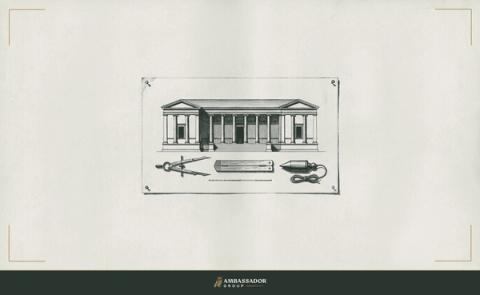 Antique engraving illustration. A single architectural elevation drawing pinned flat, with a compass, a rule, and a plumb line arranged atop it in deliberate sequence.