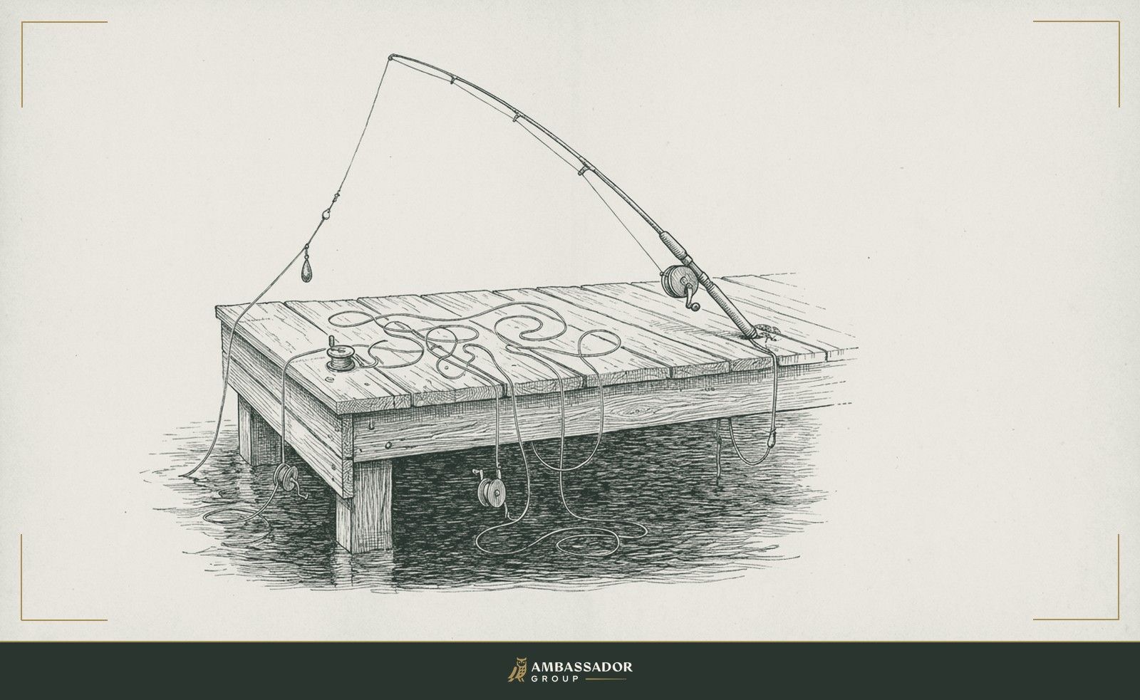 Antique engraving illustration. An several fishing lines dropped from a single dock into murky water, none of them set in earnest, their owners absent, contrasted with one taut line attached to a proper rod with a sinker and intent.