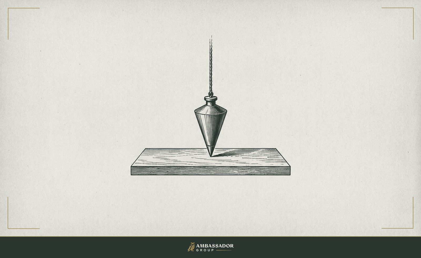Antique engraving illustration. A plumb bob suspended from a cord, its pointed tip hovering just above a flat wooden board.