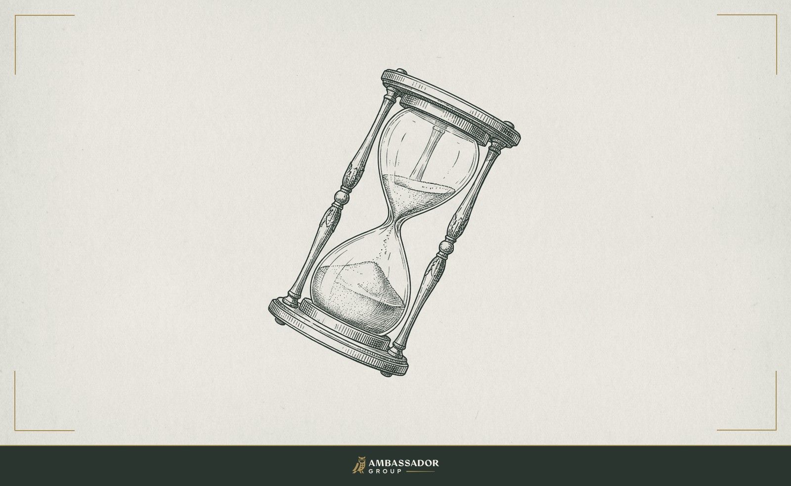 Antique engraving illustration. An hourglass with the top chamber almost empty, tilted at a sharp angle as if someone grabbed it mid-fall, sand frozen in blur.