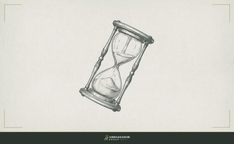 Antique engraving illustration. An hourglass with the top chamber almost empty, tilted at a sharp angle as if someone grabbed it mid-fall, sand frozen in blur.
