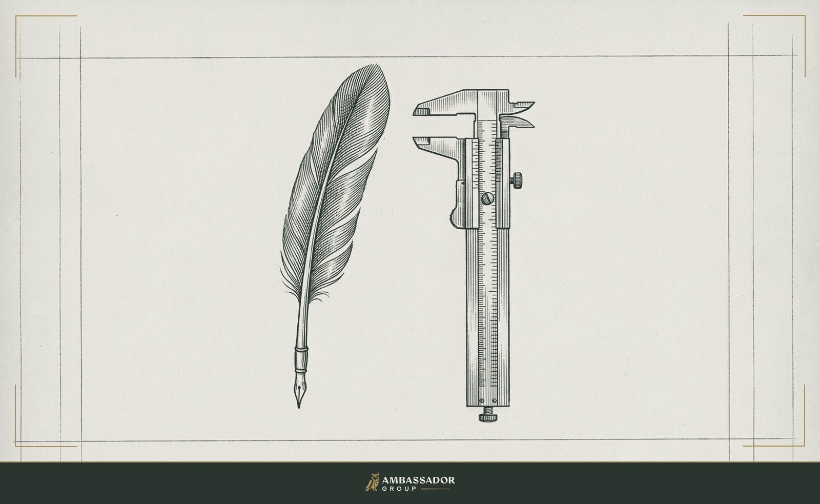 Antique engraving illustration. A scribe's quill and a precision caliper placed in parallel on a ruled page, the old and the new instruments of capture side by side, both aimed at accuracy.