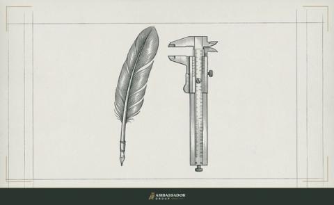 Antique engraving illustration. A scribe's quill and a precision caliper placed in parallel on a ruled page, the old and the new instruments of capture side by side, both aimed at accuracy.