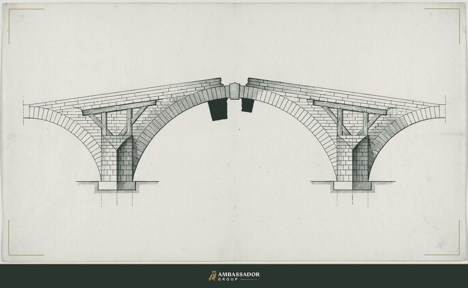 Antique engraving illustration. A bridge in cross-section showing two approaching spans that have not yet met at the center, a measurable gap between keystones.