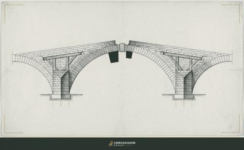 Antique engraving illustration. A bridge in cross-section showing two approaching spans that have not yet met at the center, a measurable gap between keystones.
