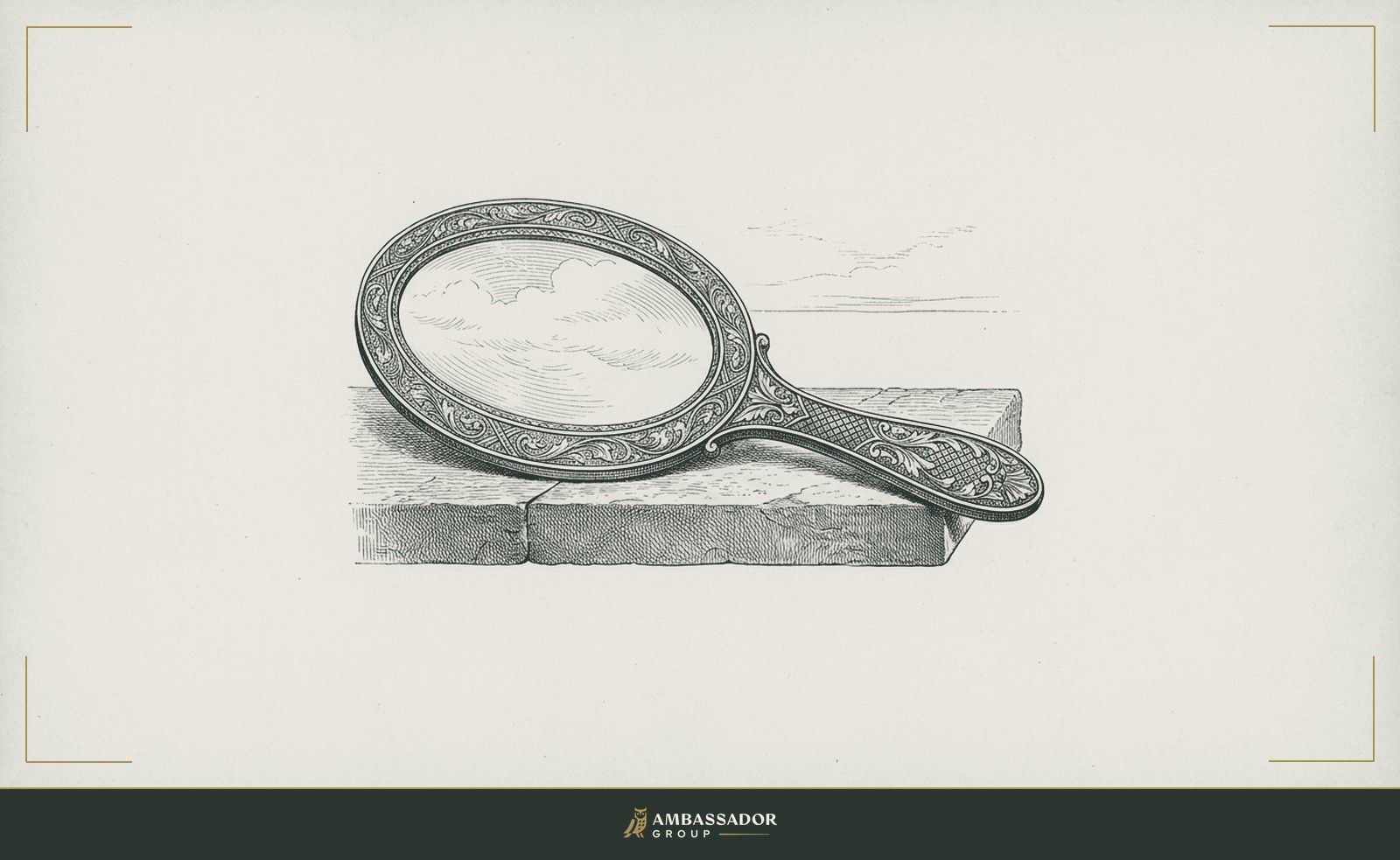Antique engraving illustration. A hand mirror laid flat on a stone surface, reflecting only sky, its frame engraved with fine hatched ornamentation.