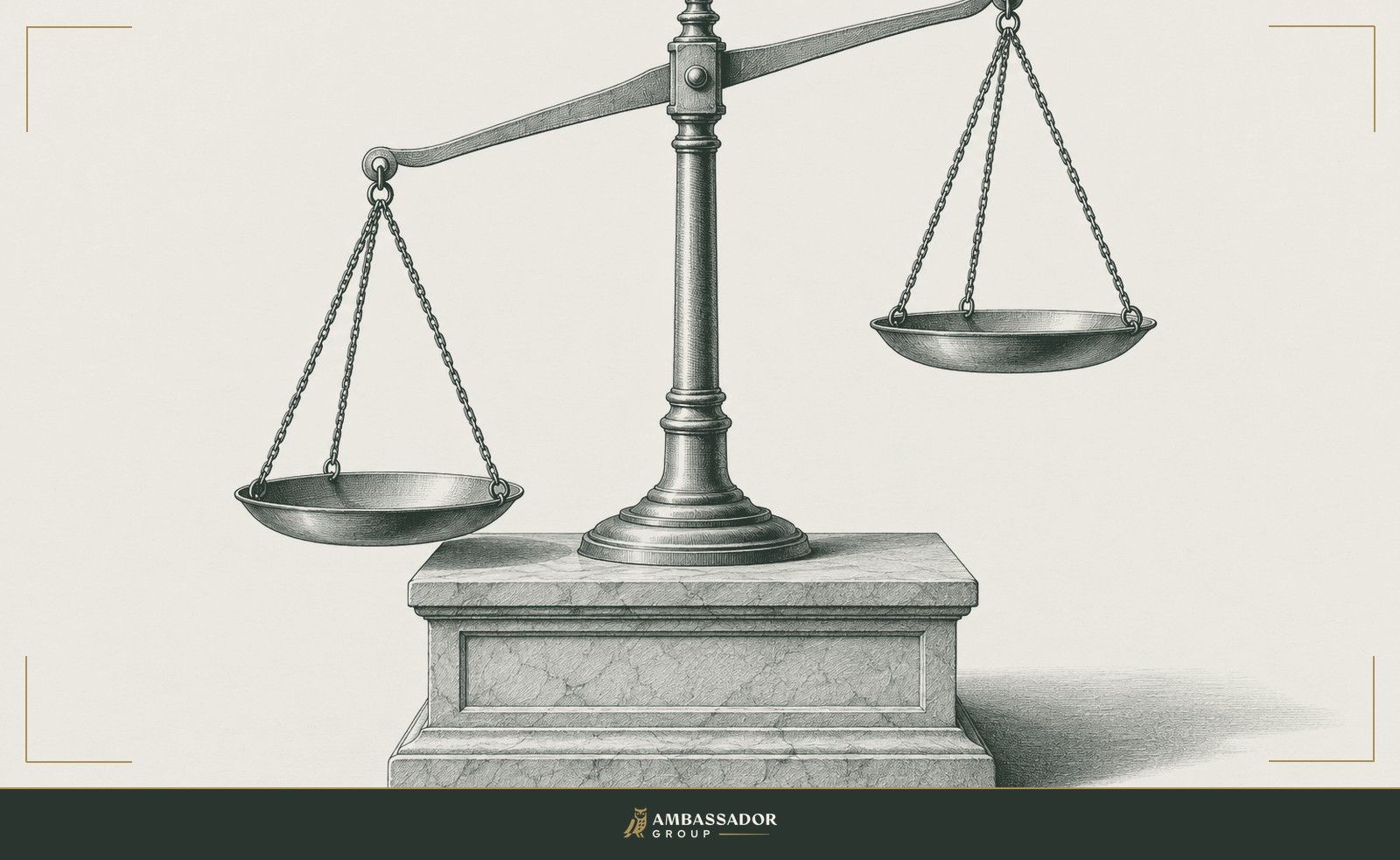 Antique engraving illustration. A classical two-pan balance scale rests on a carved stone plinth with one pan hanging lower than the other.