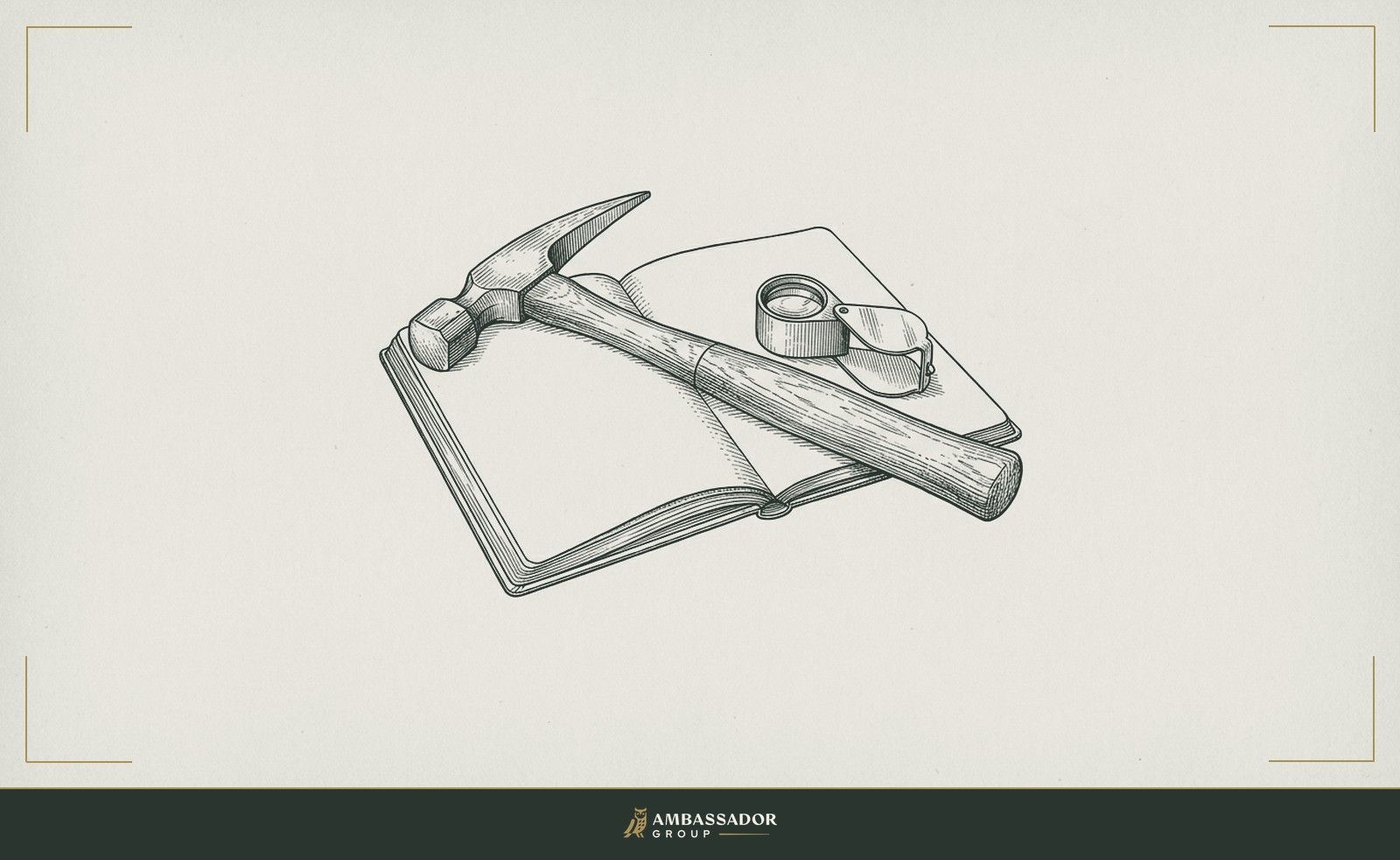 Antique engraving illustration. A geologist's rock hammer and a delicate watchmaker's loupe laid side by side on a field journal, representing the dual instruments of force and precision in careful examination.