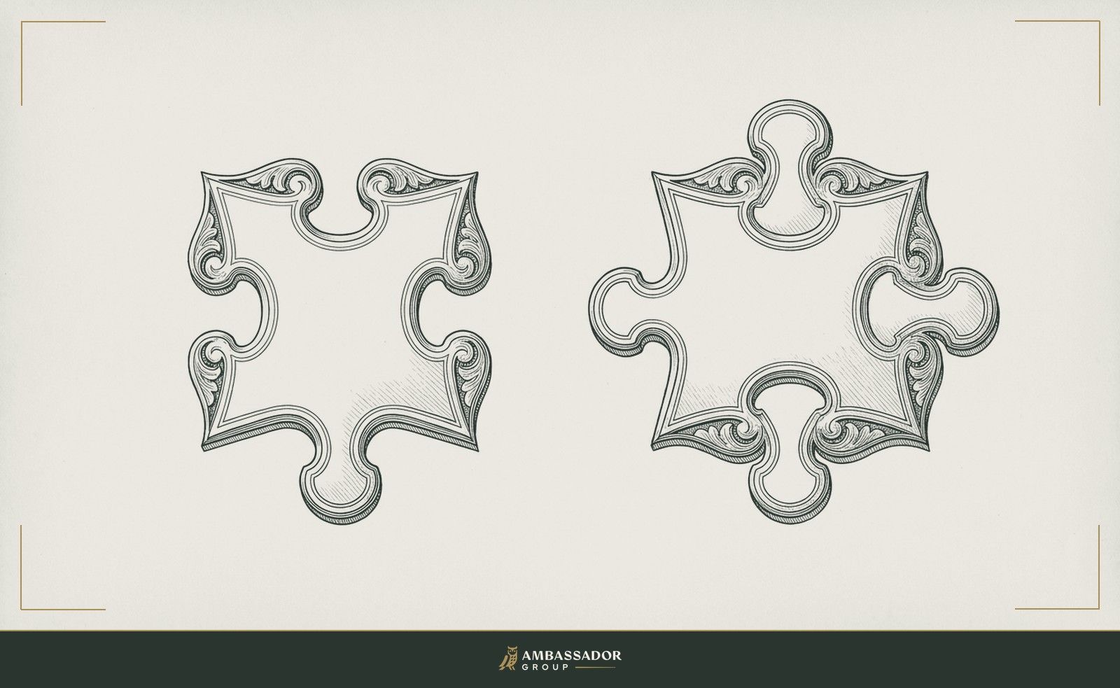 Antique engraving illustration. A matched pair of puzzle pieces resting side by side, not yet joined, their interlocking edges carved with precise scroll-cut detail.