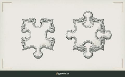 Antique engraving illustration. A matched pair of puzzle pieces resting side by side, not yet joined, their interlocking edges carved with precise scroll-cut detail.