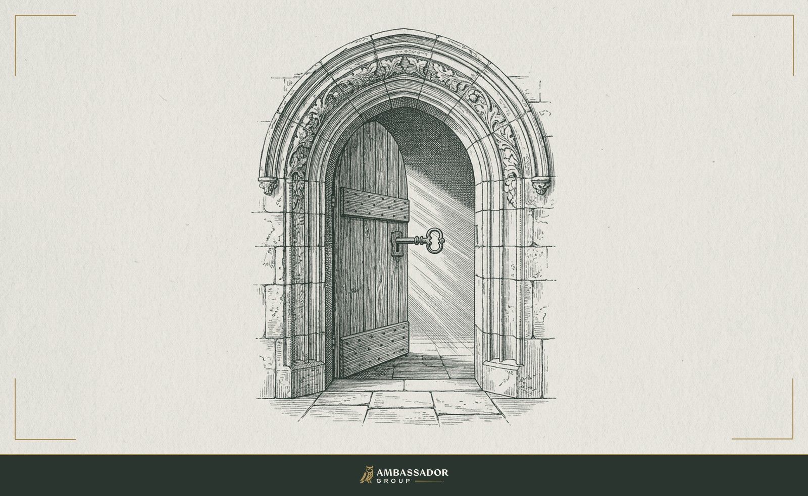 Antique engraving illustration. An open door in a stone archway, key still in the interior lock, light falling through from beyond.