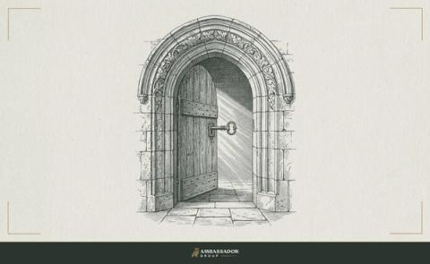Antique engraving illustration. An open door in a stone archway, key still in the interior lock, light falling through from beyond.