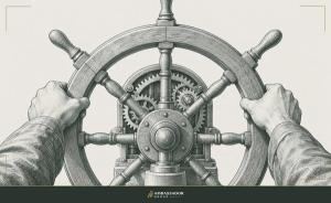 Antique engraving illustration. A ship's helm with mechanical gear teeth exposed at its hub, human hands gripping the wheel firmly while the gears below them turn by themselves.