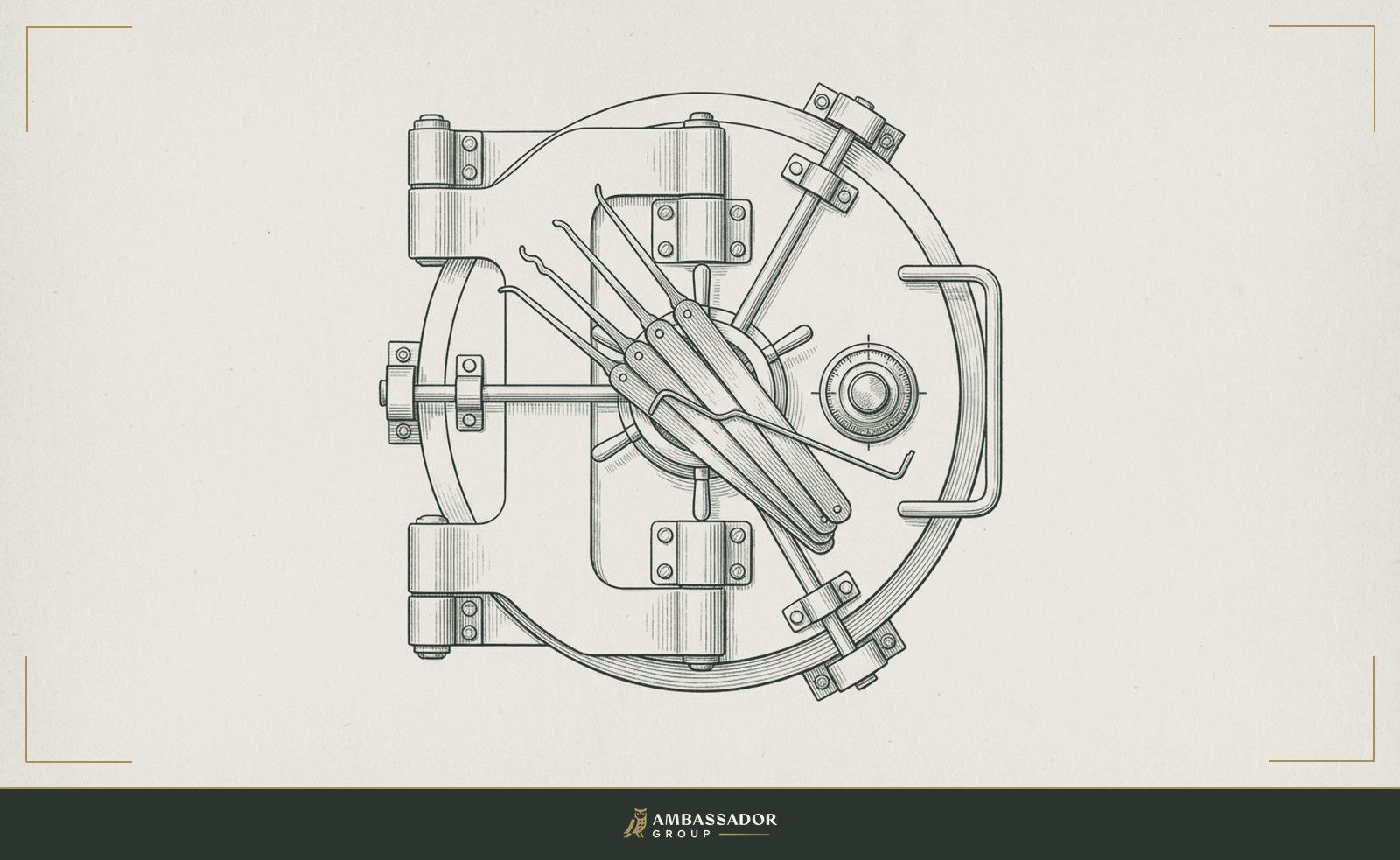 Antique engraving illustration. A locksmith's pick set laid across a sealed vault door, the implied shortcut approach to something that requires the proper key, the mechanism untouched and secure.