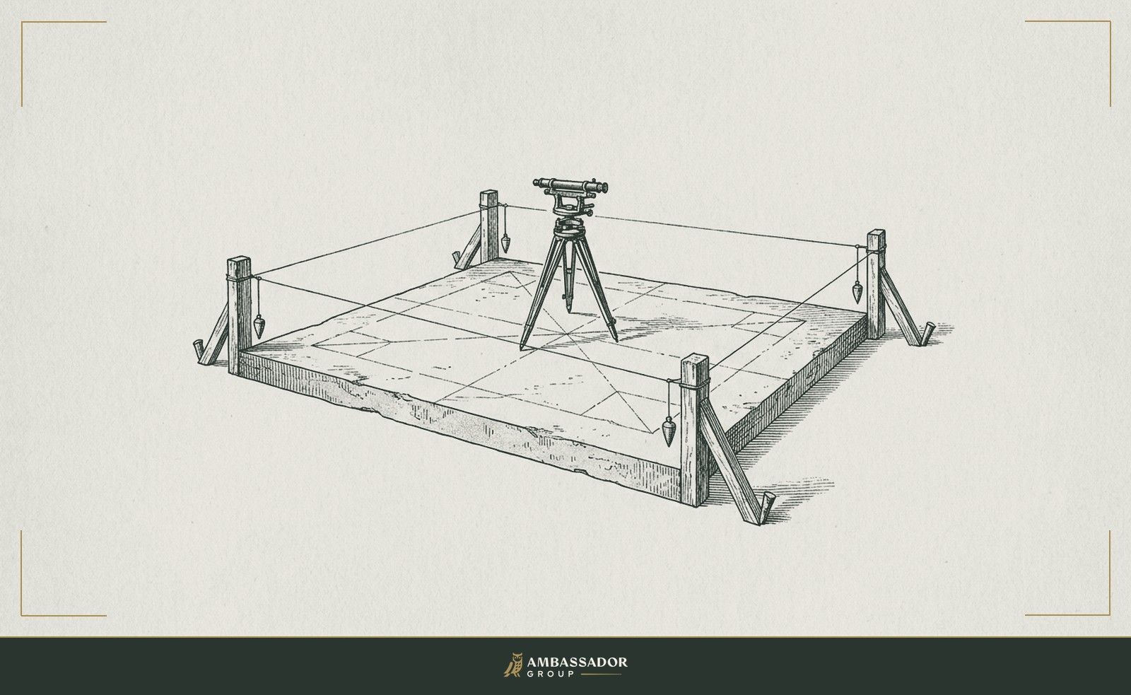 Antique engraving illustration. A chalk site layout on a concrete slab, transit level at center, batter boards at each corner marking the true lines.