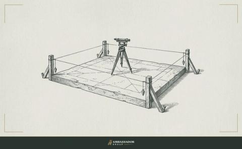 Antique engraving illustration. A chalk site layout on a concrete slab, transit level at center, batter boards at each corner marking the true lines.
