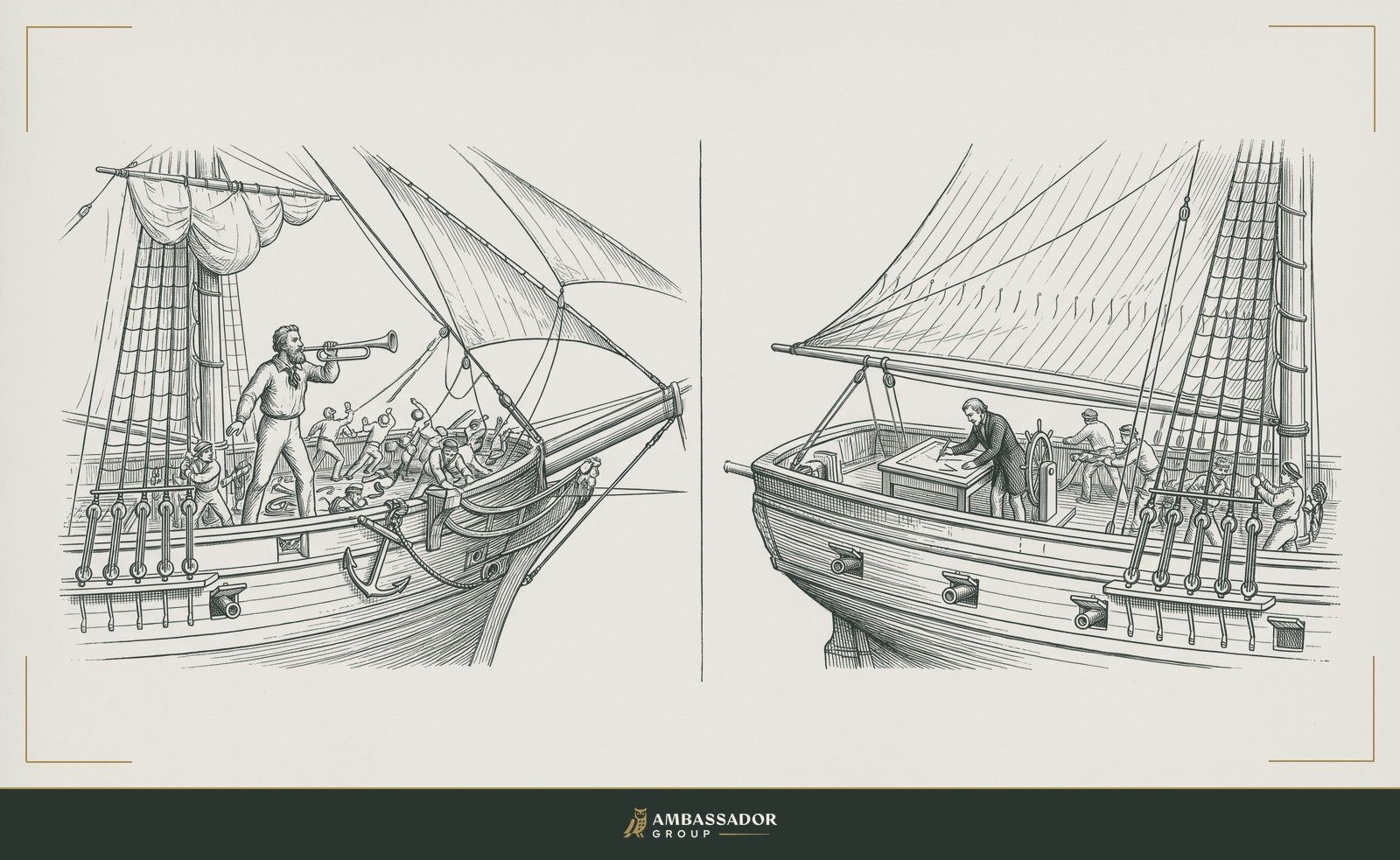 Antique engraving illustration. Two sailing ships side by side: on one a captain shouts through a speaking trumpet at a scrambling crew, on the other a navigator marks a chart at the helm while the crew trims full sails.