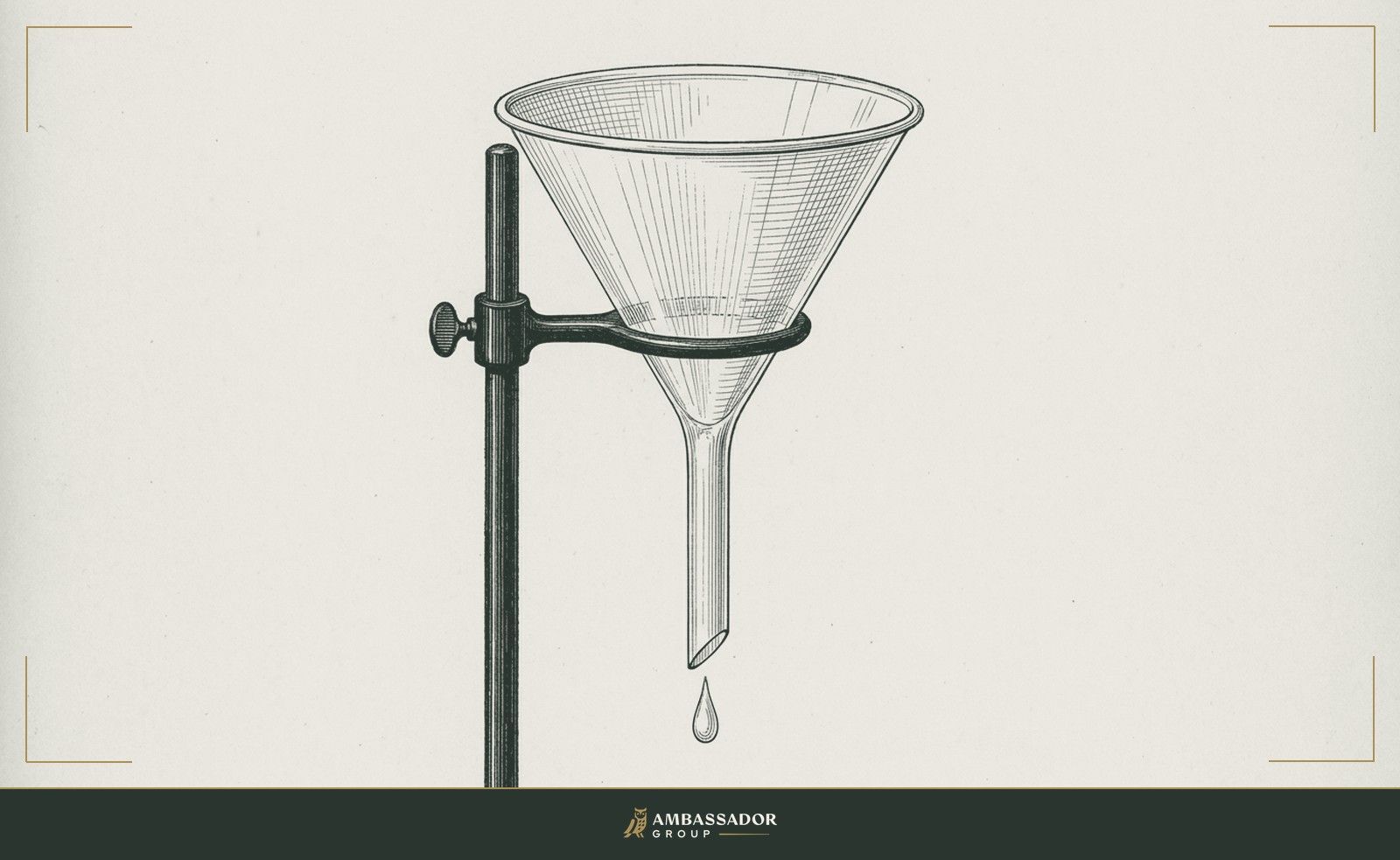 An antique engraving of a large glass laboratory funnel clamped to an iron stand, its wide mouth open above and a single drop falling from the stem below.
