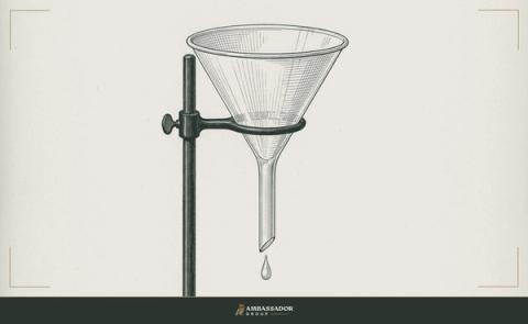 An antique engraving of a large glass laboratory funnel clamped to an iron stand, its wide mouth open above and a single drop falling from the stem below.