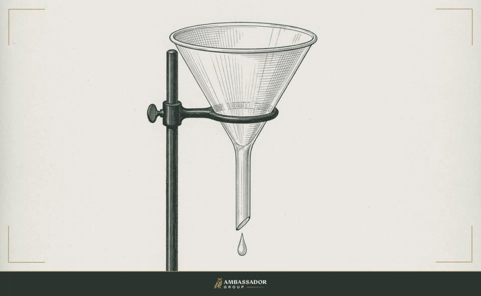 An antique engraving of a large glass laboratory funnel clamped to an iron stand, its wide mouth open above and a single drop falling from the stem below.