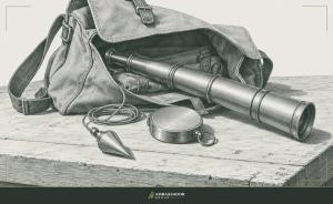 Antique engraving illustration. An open canvas expedition satchel on a workbench with a brass surveying telescope, a plumb bob on a cord, and a closed brass compass with a blank unmarked face spilling from it.