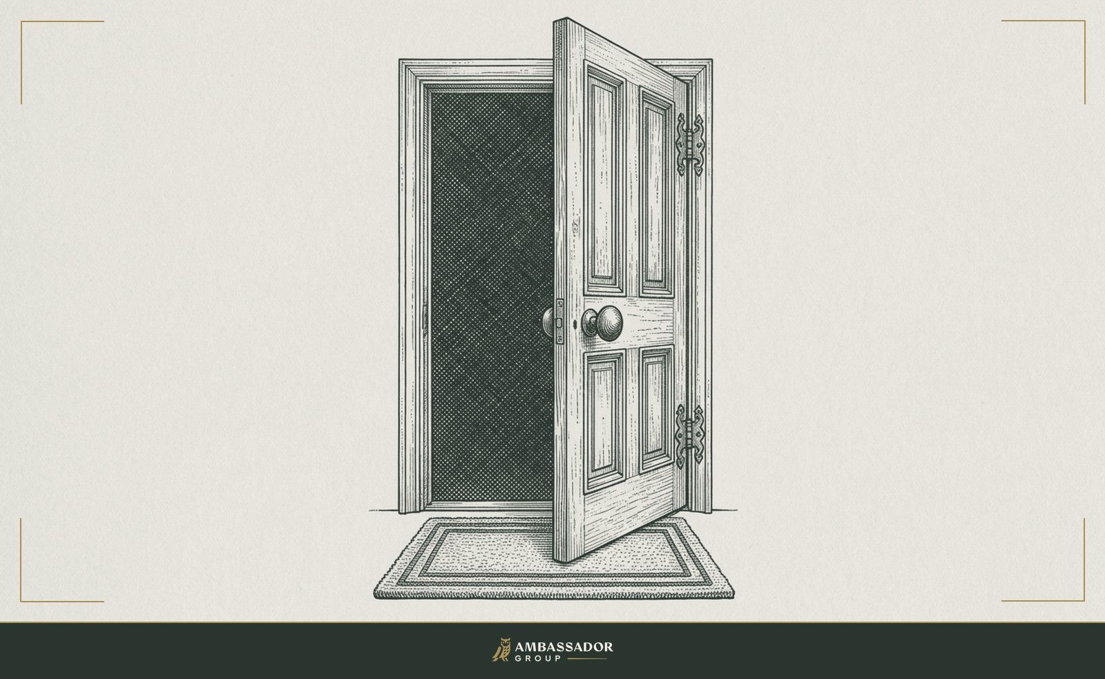 Antique engraving illustration. A door standing open onto an unlit threshold, the doorknob polished from use, a welcome mat before it, the invitation extended, the decision waiting on the other side.