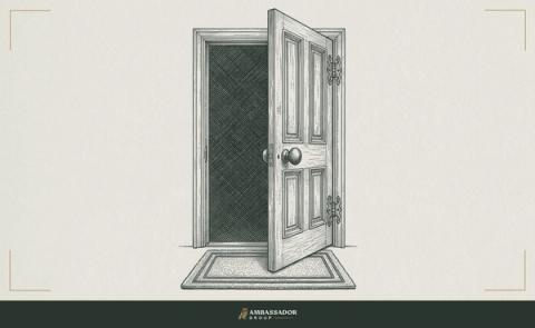 Antique engraving illustration. A door standing open onto an unlit threshold, the doorknob polished from use, a welcome mat before it, the invitation extended, the decision waiting on the other side.