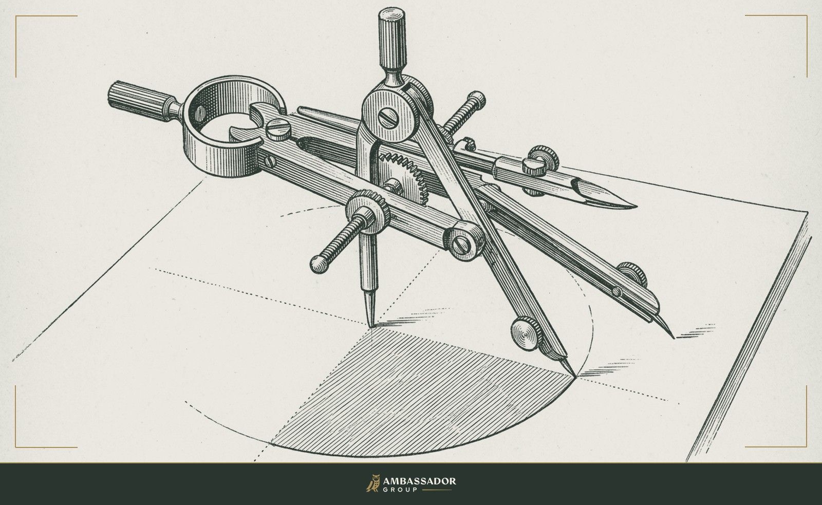 Antique engraving illustration. A mechanical drawing compass set to a precise radius above a half-completed circle, the center pin still anchored, the arc unfinished.