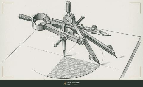 Antique engraving illustration. A mechanical drawing compass set to a precise radius above a half-completed circle, the center pin still anchored, the arc unfinished.