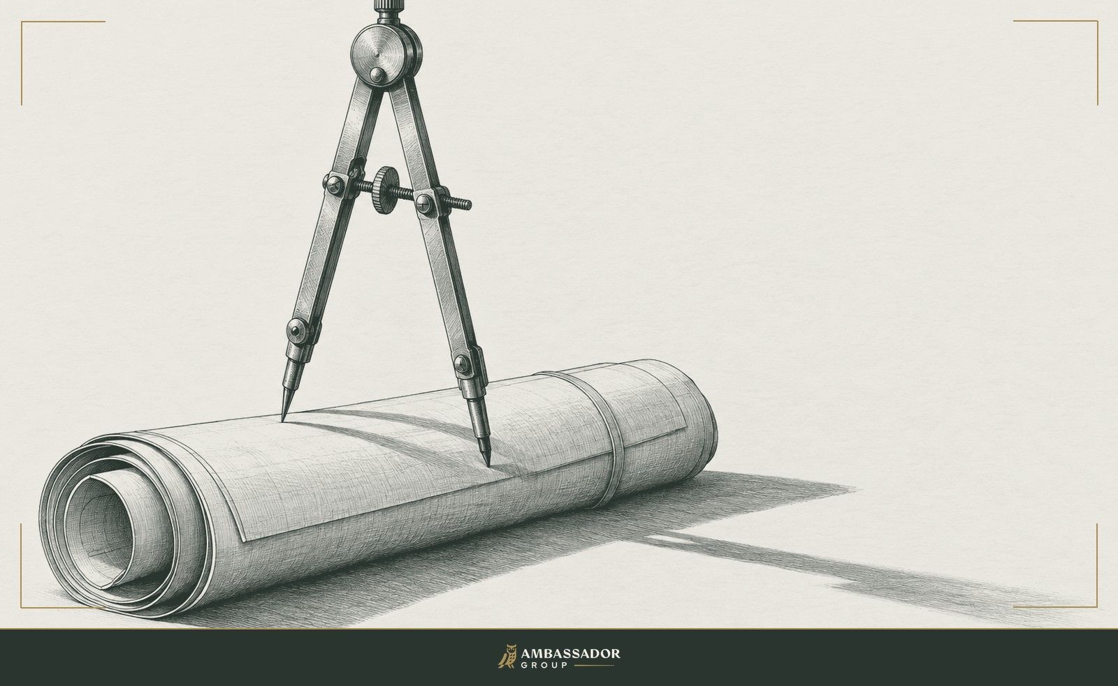 Antique engraving illustration. An open brass drafting compass stands upright on a furled roll of blueprints, casting a long shadow.