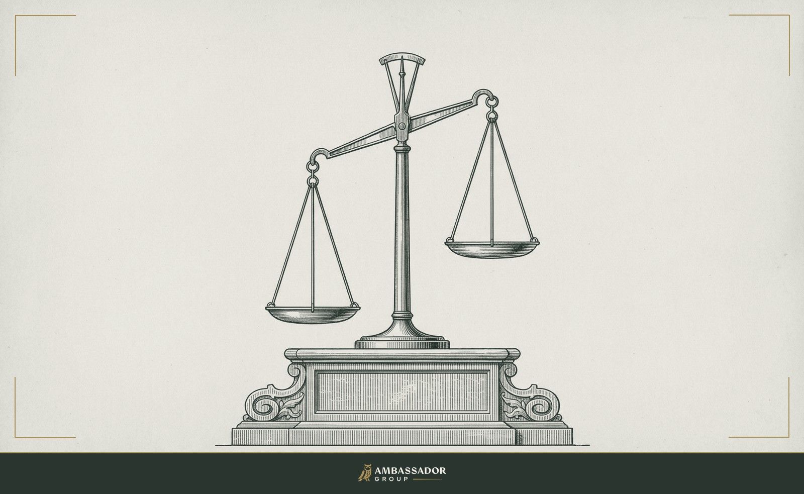 Antique engraving illustration. A classical two-pan balance scale rests on a carved stone plinth with one pan hanging lower than the other.
