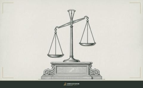 Antique engraving illustration. A classical two-pan balance scale rests on a carved stone plinth with one pan hanging lower than the other.