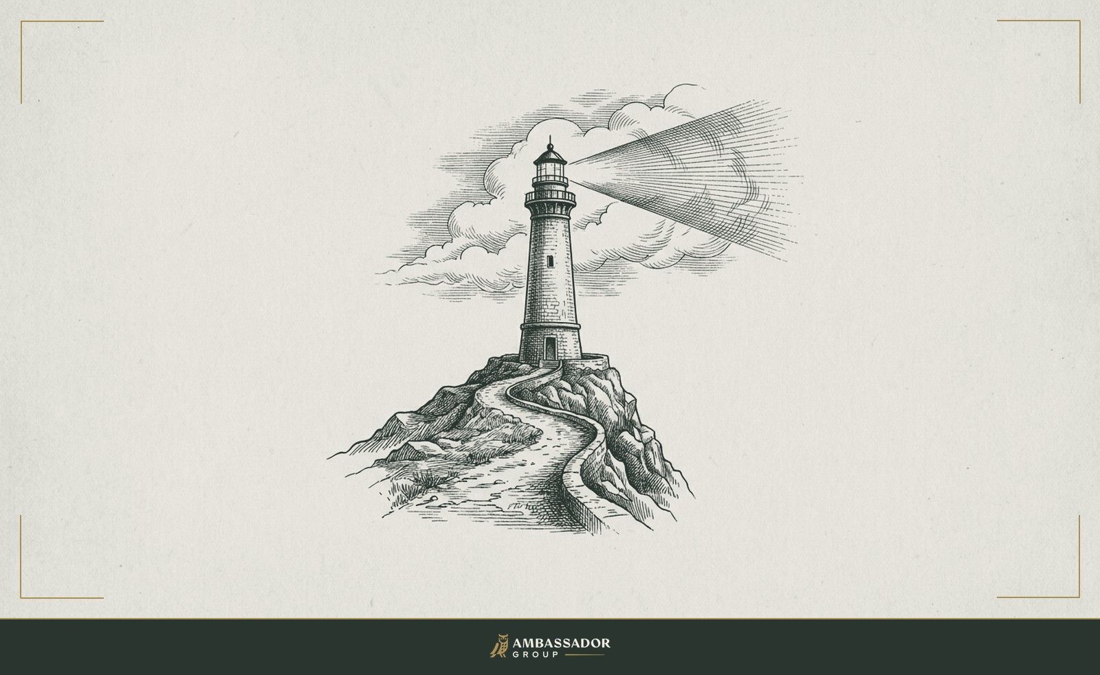 Antique engraving illustration. A lighthouse on a rocky promontory, its beam cutting through cloud, the keeper's path worn smooth by years of deliberate, repeated ascent.