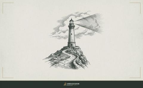 Antique engraving illustration. A lighthouse on a rocky promontory, its beam cutting through cloud, the keeper's path worn smooth by years of deliberate, repeated ascent.