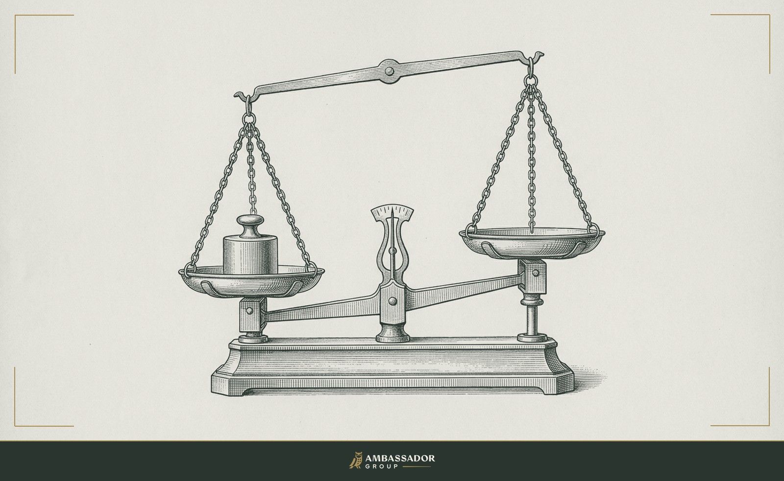 Antique engraving illustration. A single brass weight resting squarely on one pan of a scale, the other pan empty and lifted, both chains taut and the beam clearly tipped.