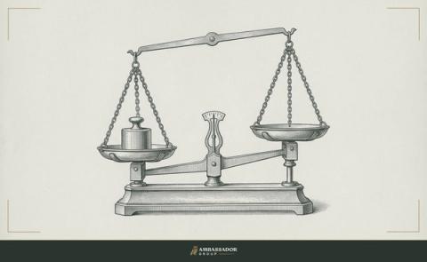 Antique engraving illustration. A single brass weight resting squarely on one pan of a scale, the other pan empty and lifted, both chains taut and the beam clearly tipped.