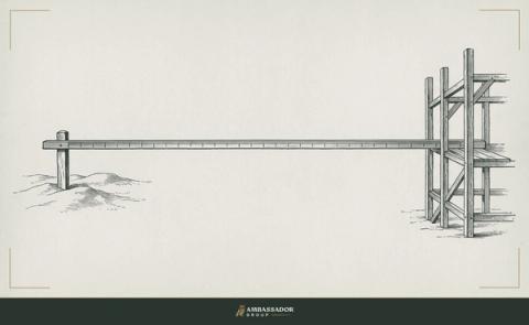 Antique engraving illustration. A long measuring rod marked in graduated intervals, laid across a wide spectrum from a single stake in sand to a fully erected scaffold frame.
