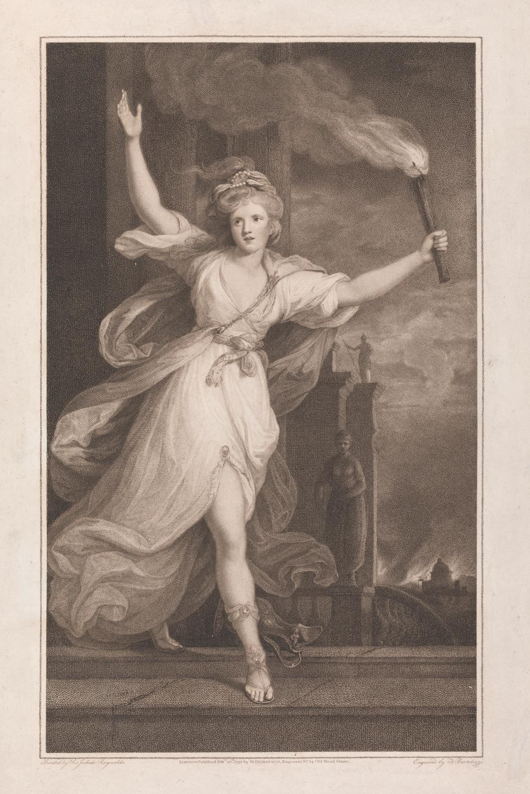 Stipple engraving of a woman in flowing classical drapery holding a torch, posed as Thais