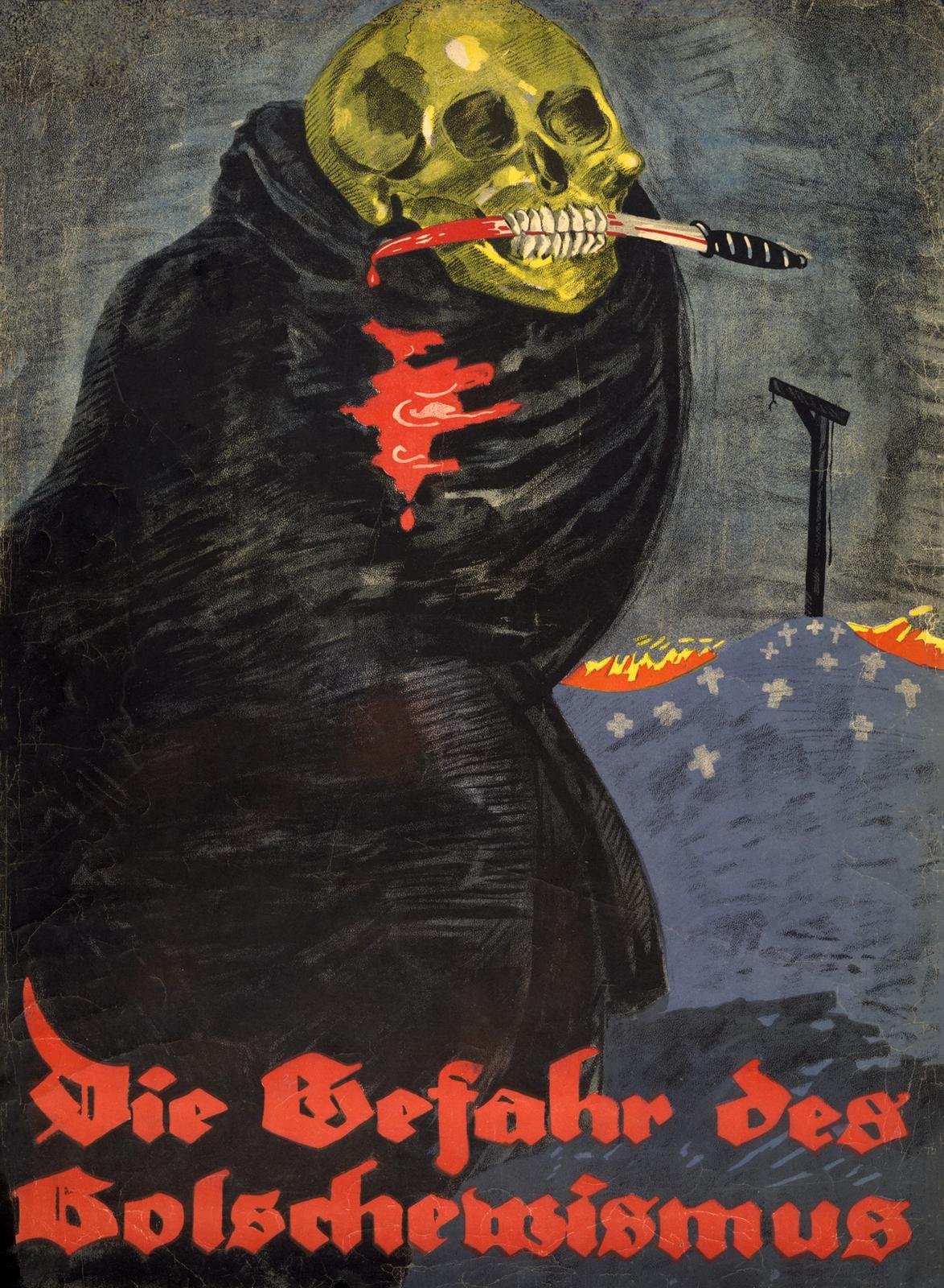 Propaganda poster showing skeletal Death figure in black robes holding bloody knife, with German text below