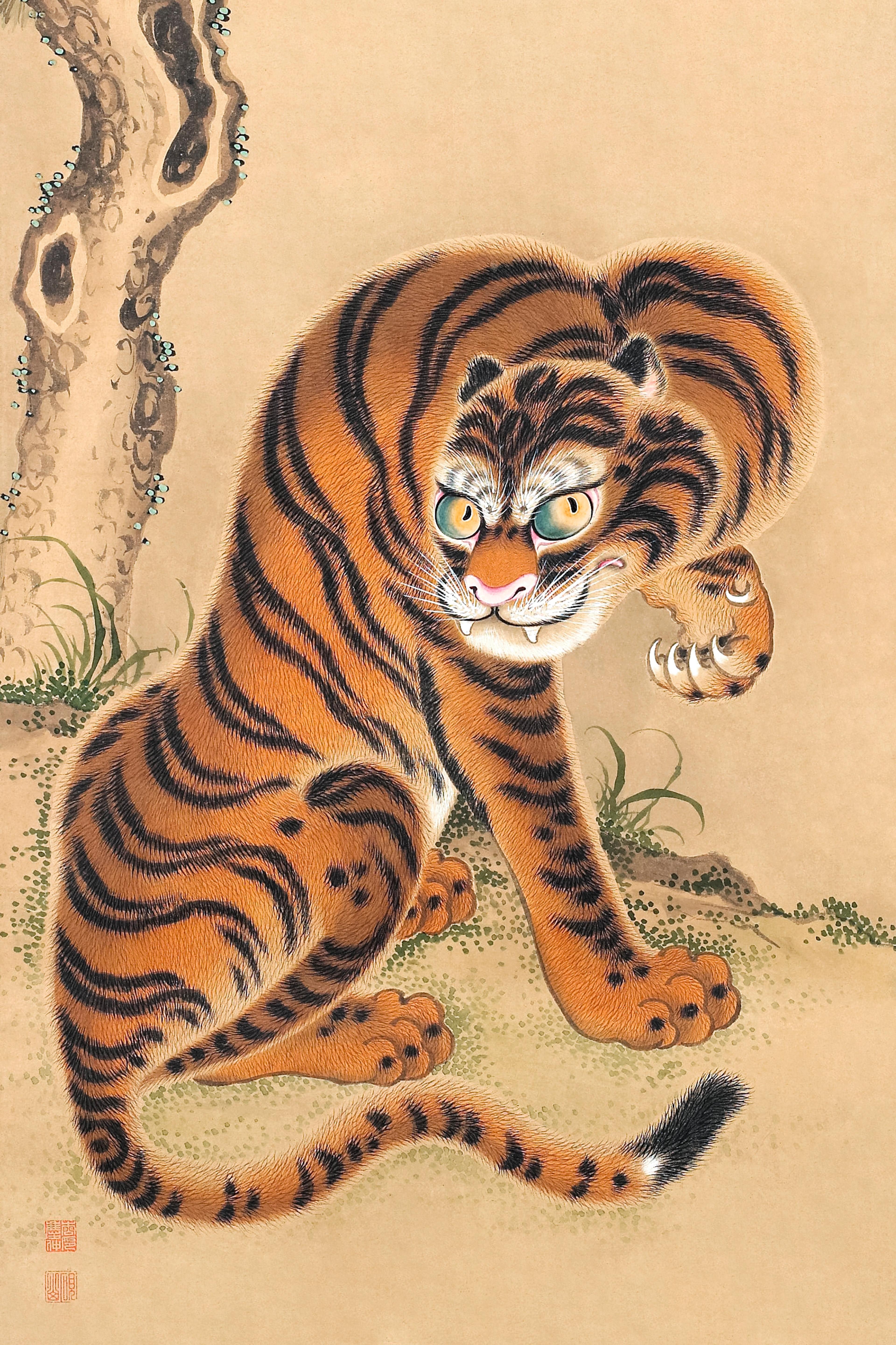 Tiger Cleaning Its Paw Japanese Scroll Print (19th Century)