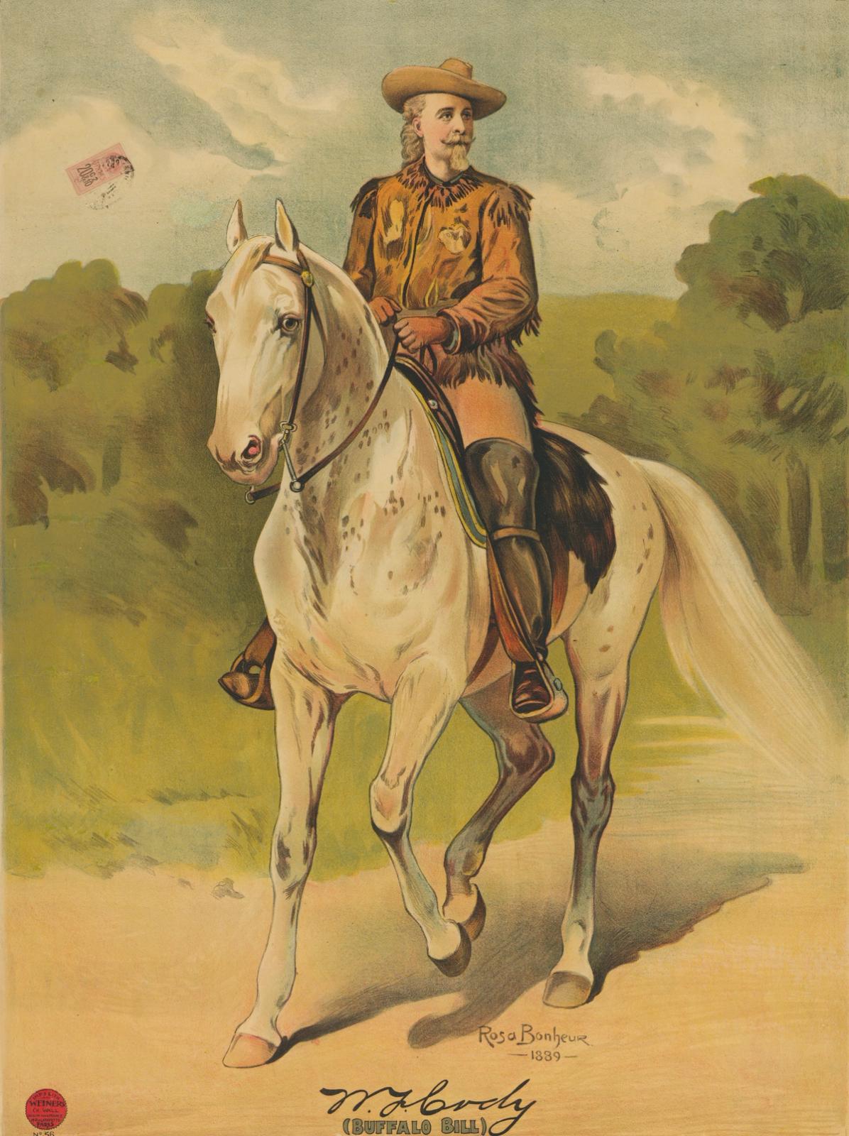 Buffalo Bill Cody in fringed buckskin rides a pale spotted horse along a sunlit trail.