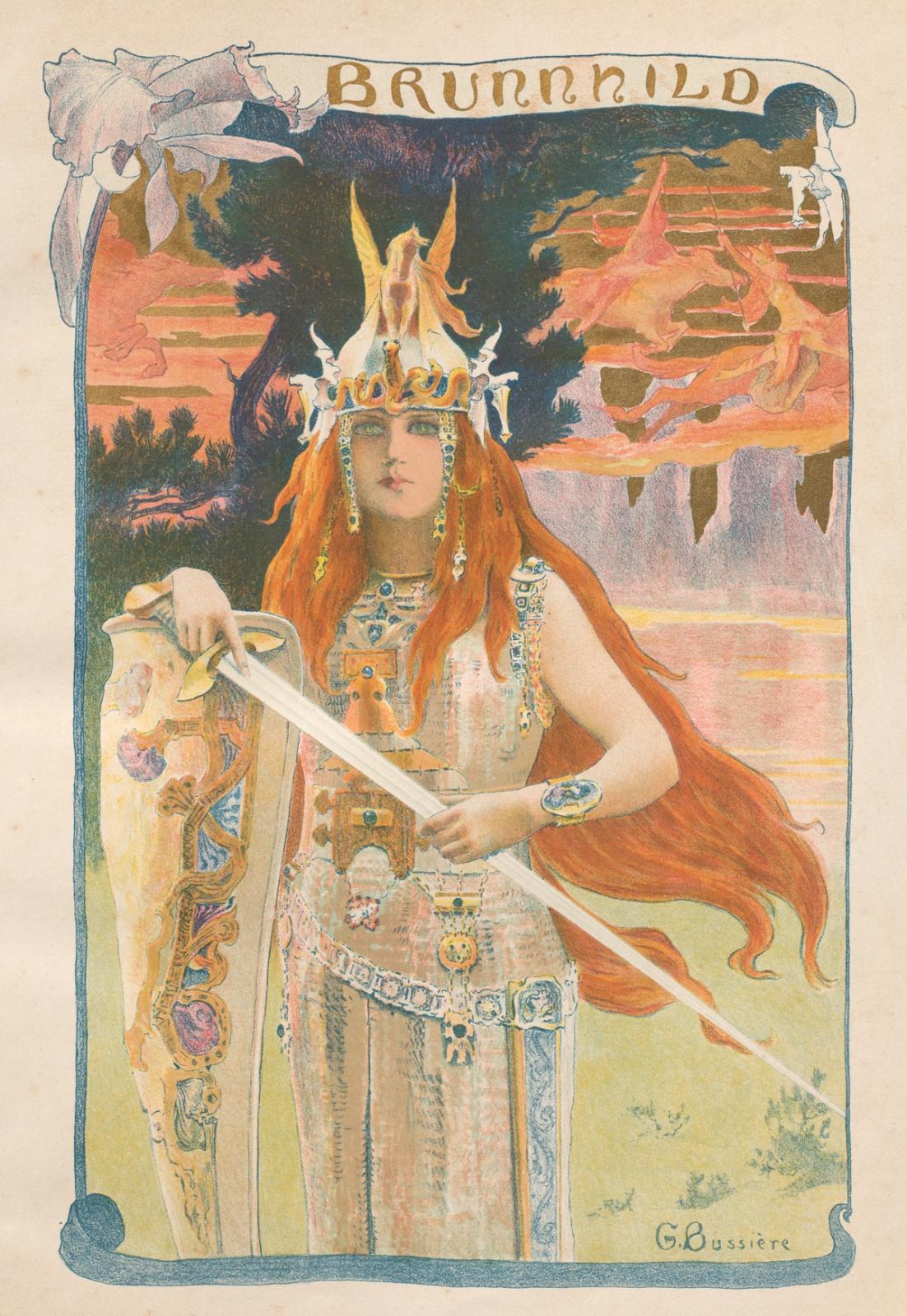 Art Nouveau illustration of Brunhild, a Viking warrior maiden with flowing red hair, helmet, sword and shield