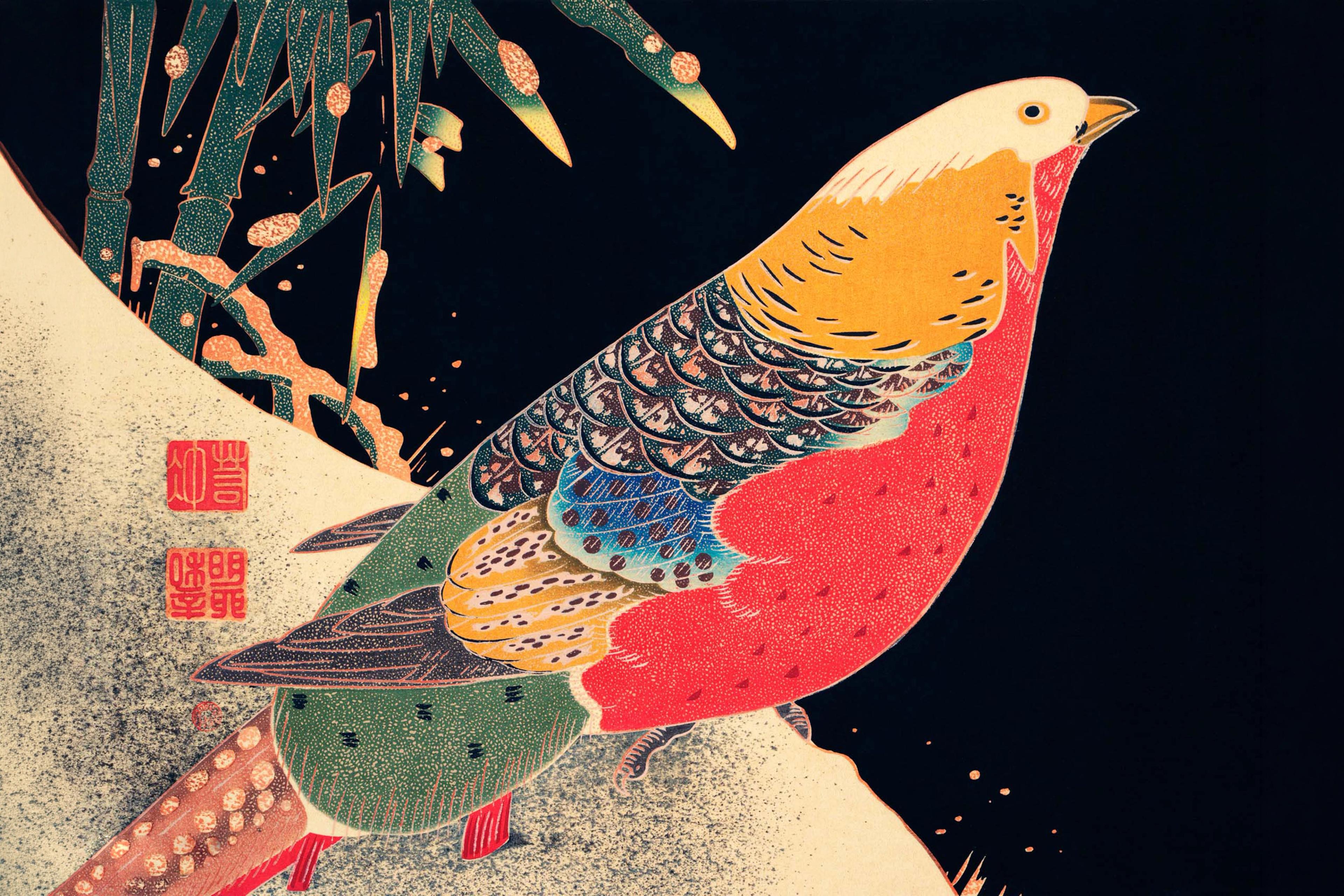 Golden Pheasant and Bamboo in Snow