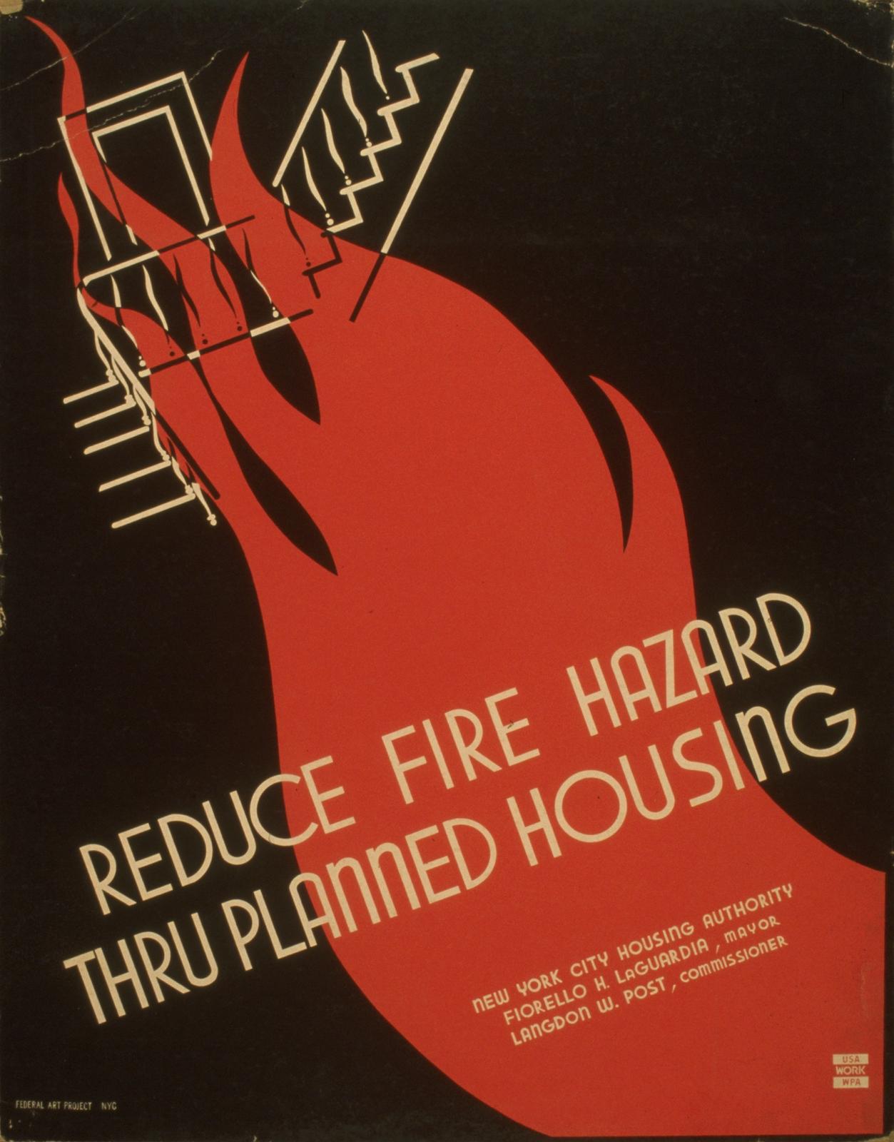 Vintage poster showing red hand grasping burning buildings with text 'Reduce Fire Hazard Thru Planned Housing'
