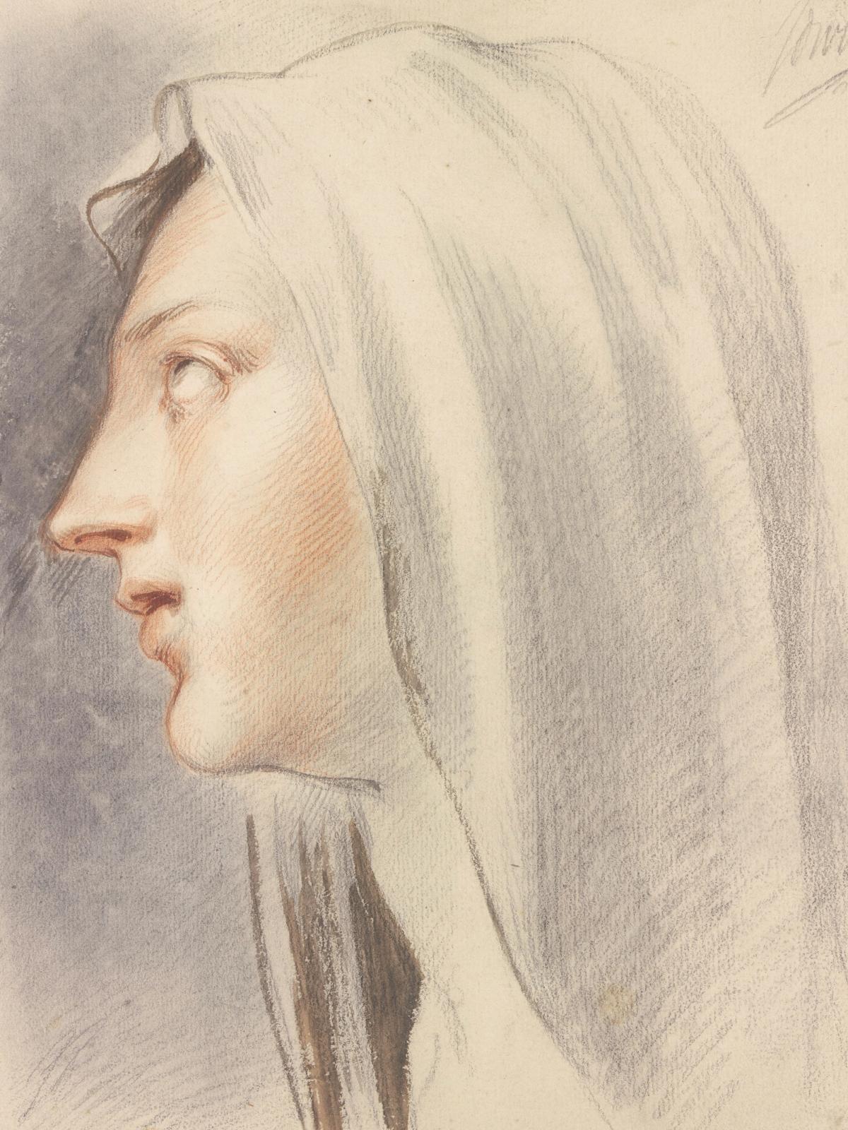 Frauenkopf mit Schleier im Profil nach links, null by jacob de wit