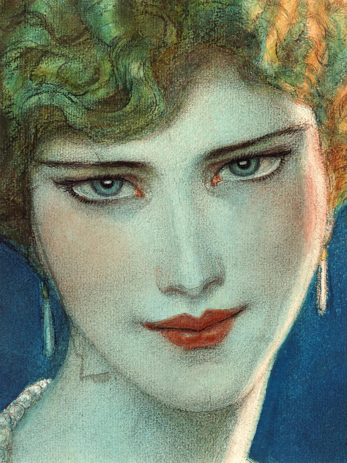 Face of blonde girl with earrings (1923 April), vintage woman illustration by Wladyslaw Theodore Benda.