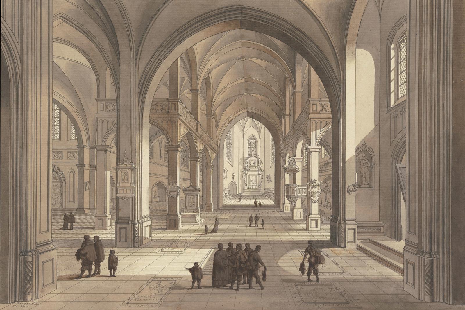 Blick in den Chor einer dreischiffigen gotischen Kirche, im Vordergrund Figurengruppen in der Tracht des 17. Jahrhunderts, 1780 by johann ludwig ernst morgenstern
