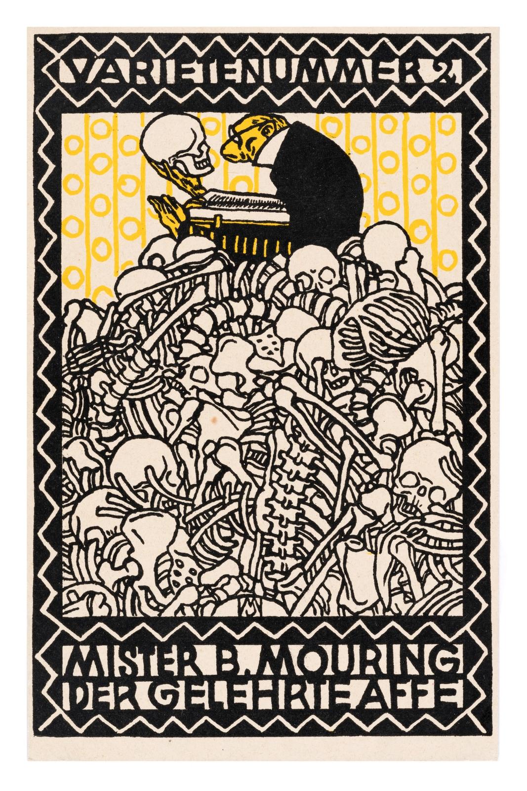 Postcard from the Wiener Werkstatte No. 96: Variety number 2: Mr. B. Mouring the learned monkey (1907) by Moriz Jung and Wiener Werkstatte