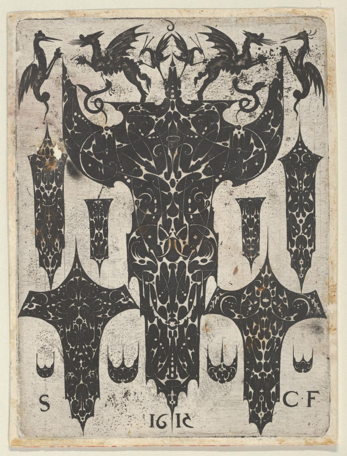 Ornate black decorative print with symmetrical pattern featuring dragons, columns, and intricate scrollwork details
