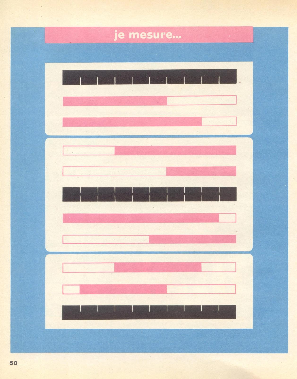 Educational measurement worksheet with pink bars and rulers on blue background titled 'je mesure'